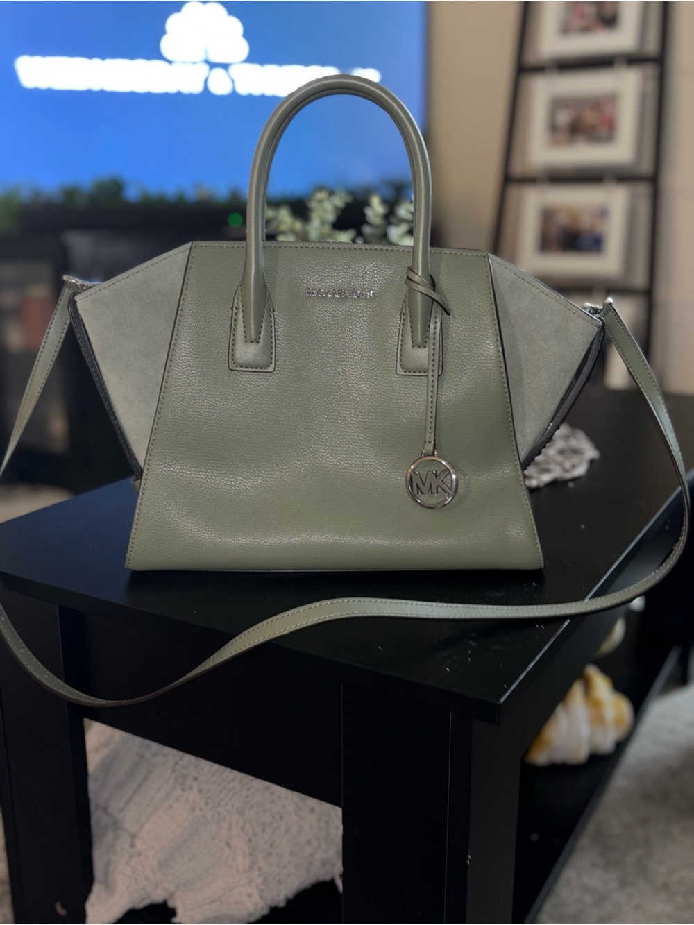 Michael Kors Olive Green Leather Satchel with MK Charm and Shoulder Strap